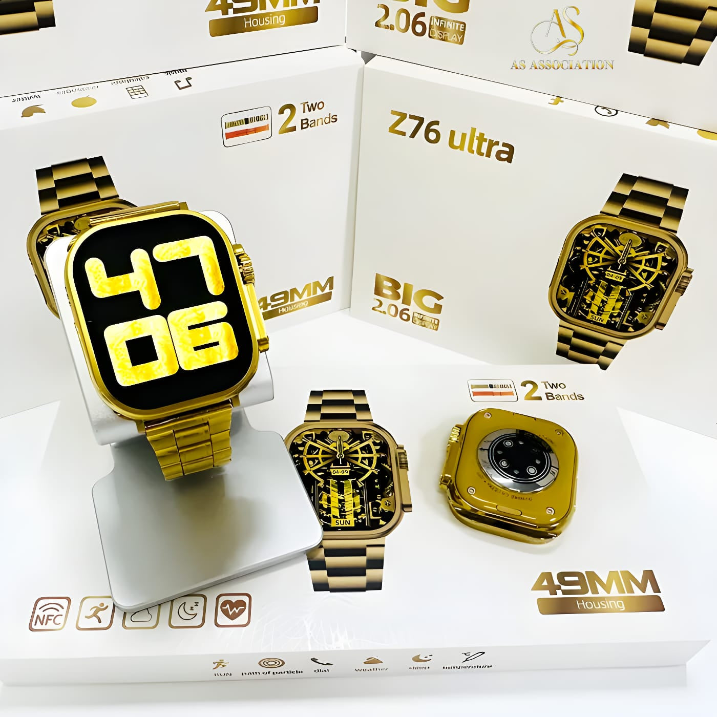 Z76 Ultra Gold Smartwatch | 2.06” 49mm Display | Double Strap Steel Strip | Wireless Charging & Call | Ultra 8 for Men & Women