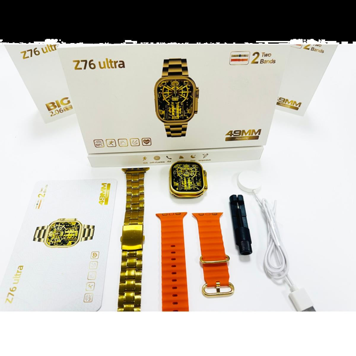 Z76 Ultra Gold Smartwatch | 2.06” 49mm Display | Double Strap Steel Strip | Wireless Charging & Call | Ultra 8 for Men & Women