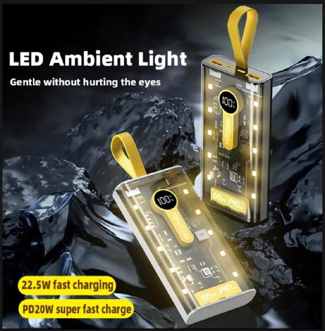 66W Fast Charging 20000mAh Transparent Power Bank with LED Display – Compatible with Android & iPhone