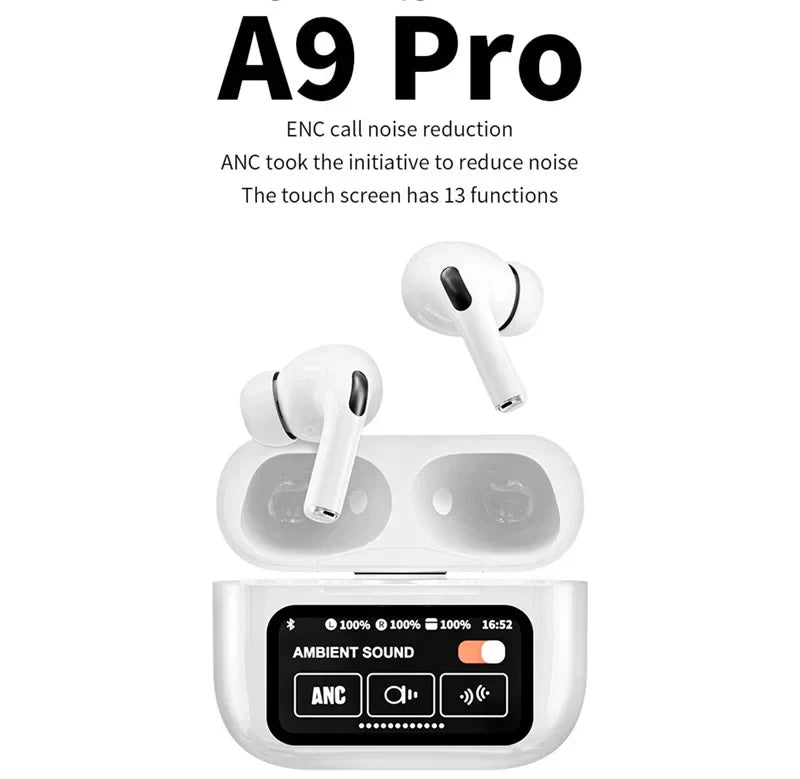 A9 Pro Touchscreen TWS Earbuds | ANC Wireless Bluetooth 5.4 Headphones | APP Support & Long Battery | Original AirPods Pro Alternative