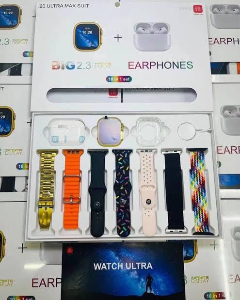 i20 Ultra Smart Watch Max Suit 7-in-1 | 2.3” HD Display | Bluetooth Calling | Heart Rate & Sleep Monitor | Earbuds + 7 Straps | Waterproof Multi-Sport Fitness Watch for Men & Women