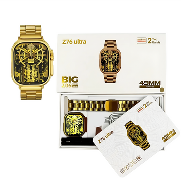 Z76 Ultra Gold Smartwatch | 2.06” 49mm Display | Double Strap Steel Strip | Wireless Charging & Call | Ultra 8 for Men & Women