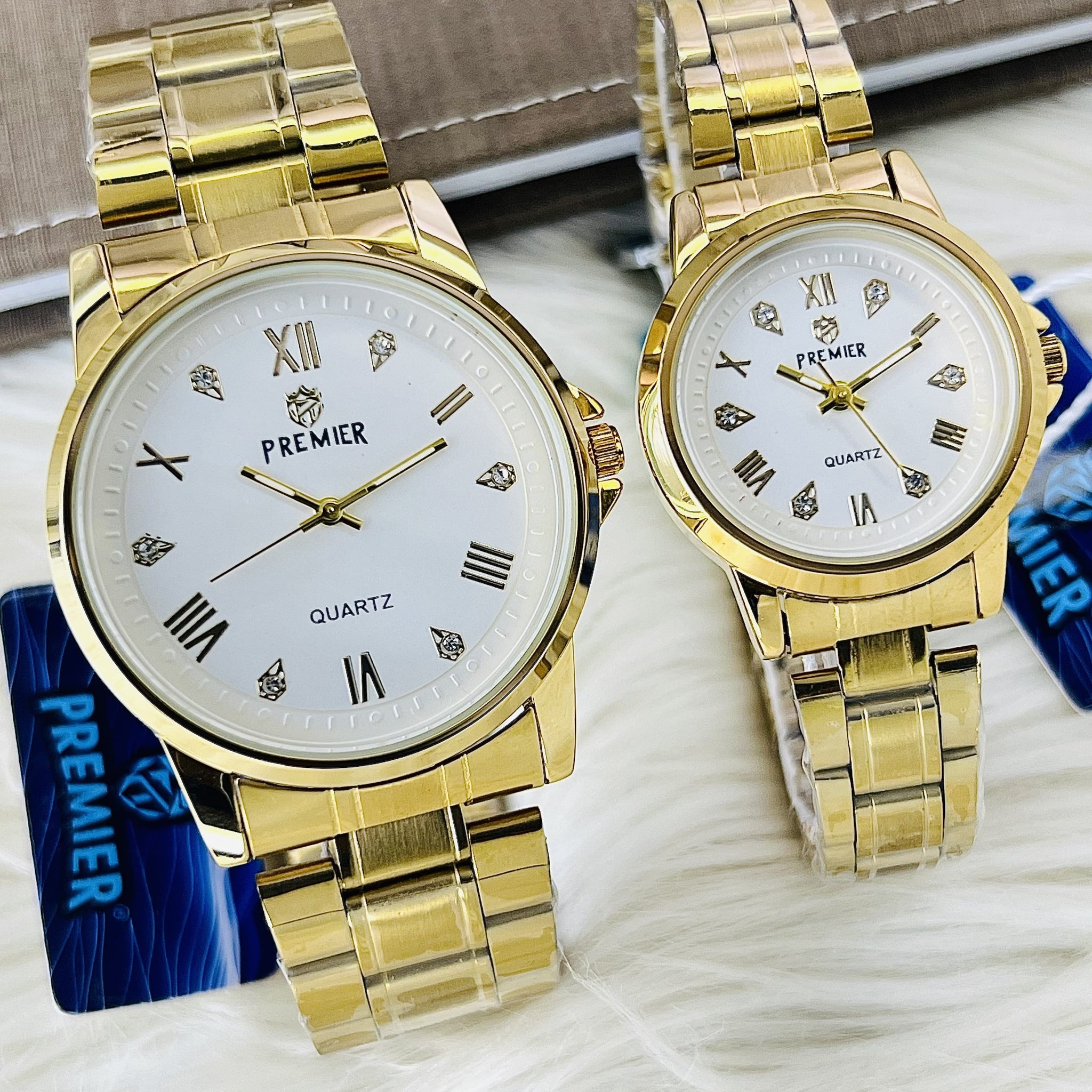 Premier Luxury Gold Couple Watch Set – Waterproof, High Quality, IP Plated with Box & Bag