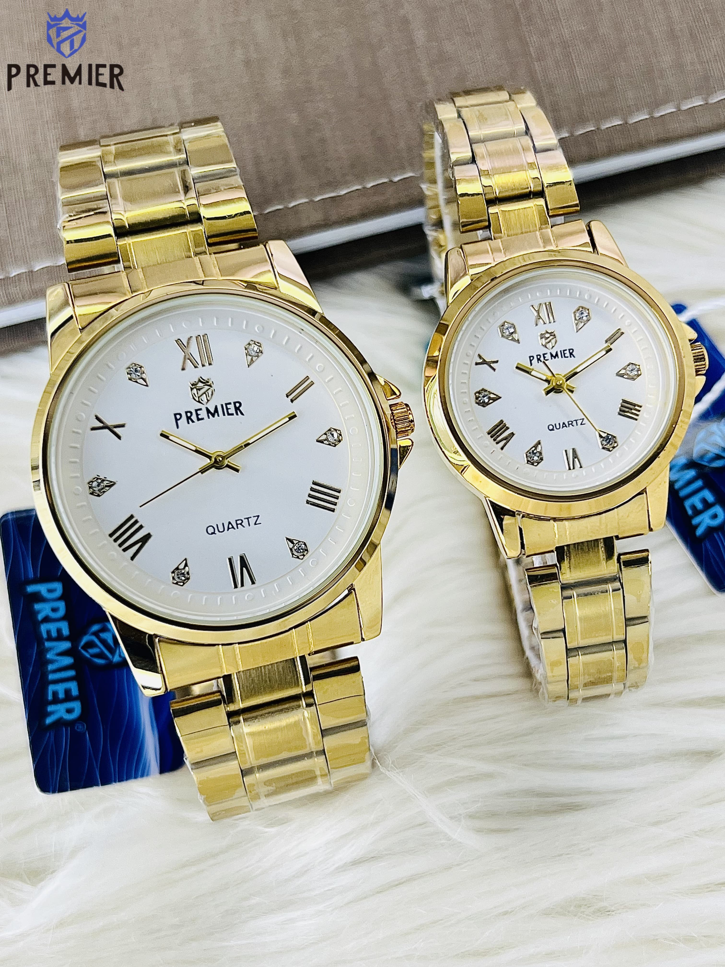 Premier Luxury Gold Couple Watch Set – Waterproof, High Quality, IP Plated with Box & Bag