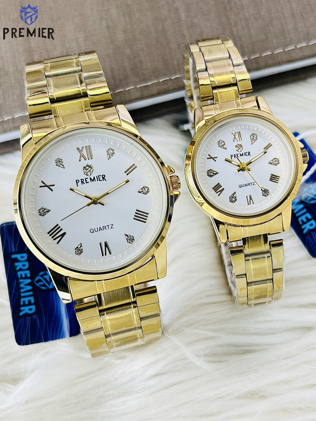 Premier Luxury Gold Couple Watch Set – Waterproof, High Quality, IP Plated with Box & Bag