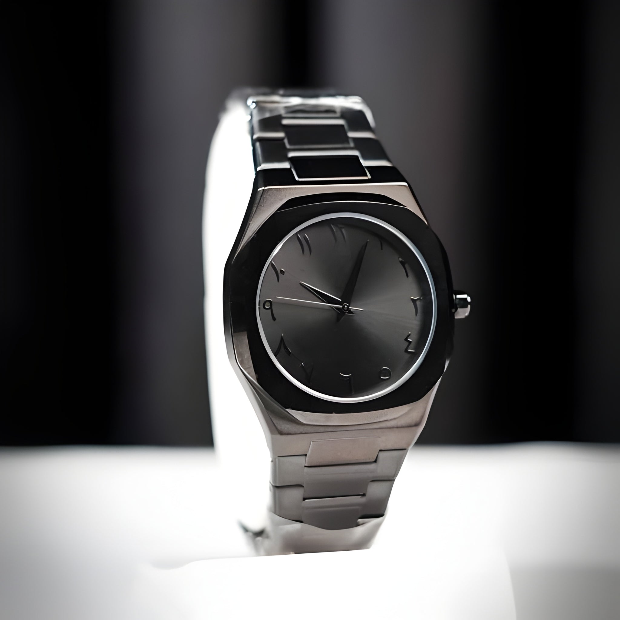 Aura Watch 2025 - Modern Black Arabic Dial | Waterproof Stainless Steel Quartz Men's Watch