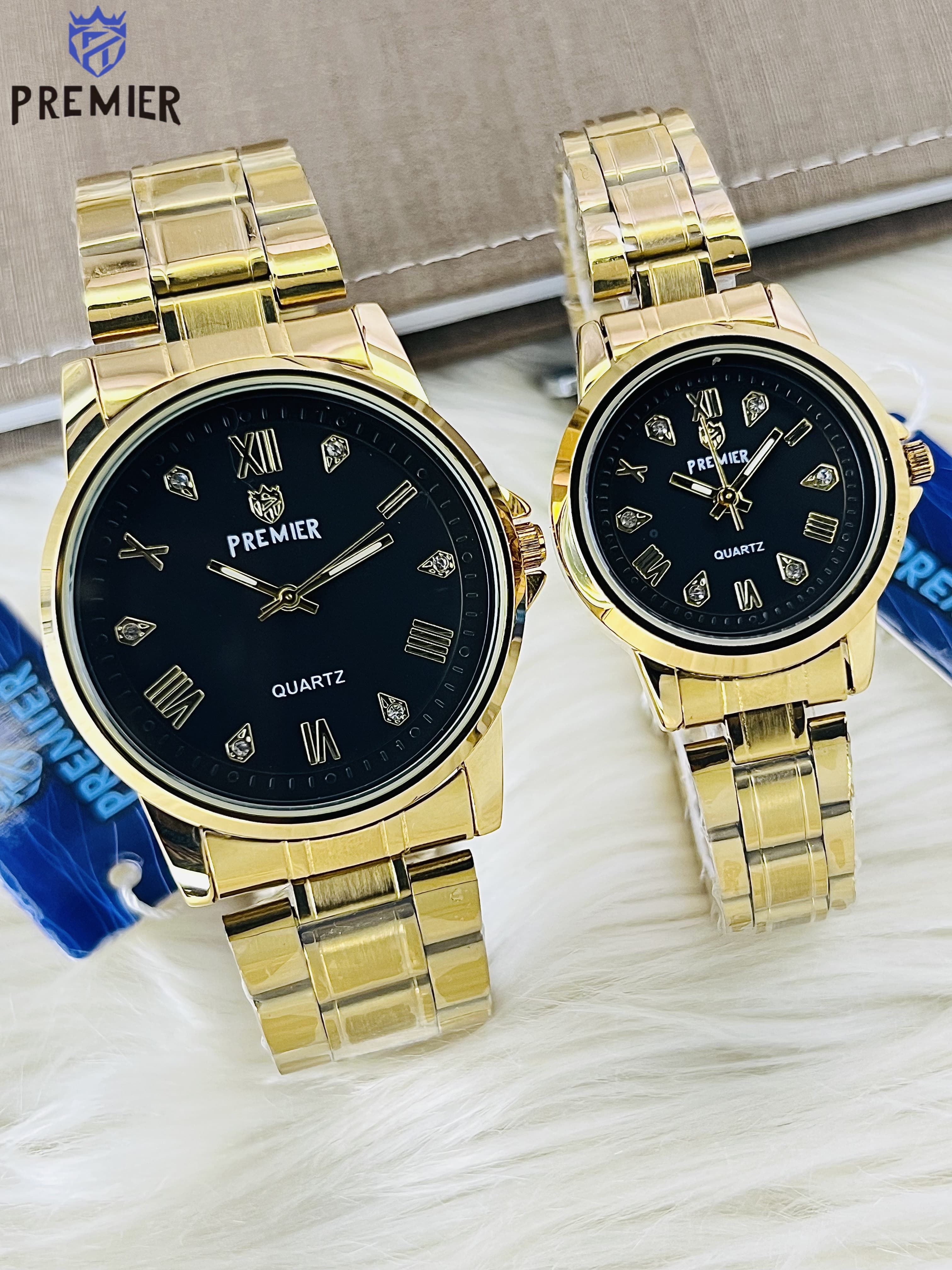 Premier Luxury Gold Couple Watch Set – Waterproof, High Quality, IP Plated with Box & Bag